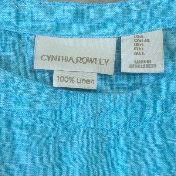 Cynthia Rowley 100% Linen Aqua Blue Short Sleeve Top Button Hem Size L - Picture 2 of 9
